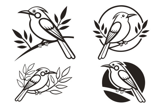 Minimalist black and white tropical bird icons set perched on branches