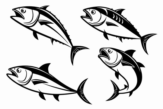 Minimalist black and white yellowtail amberjack fish icons set swimming in circular motion