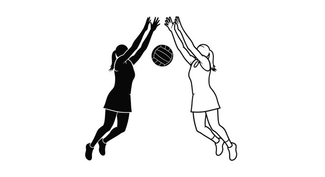 Two netball players reach for the ball in a dynamic jump