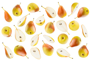 Group of bright fresh yellow bartlett pears with speckled red side, pattern, isolated. Whole,...
