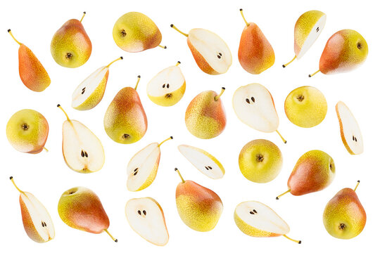 Group of bright fresh yellow bartlett pears with speckled red side, pattern, isolated. Whole, slices, different sides, studio shot. Perfect for design healthy eating menu, organic cooking, diet food.