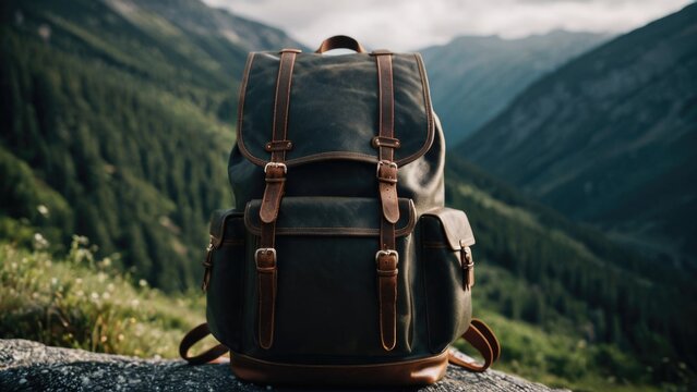 A lone backpack sits atop a rocky outcropping, perhaps abandoned or left behind