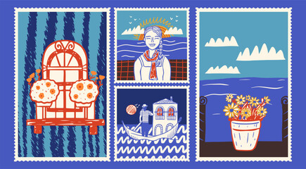 Hand drawn travel postage stamp collection. Vacation cards design with mediterranean sea views, venice gondola, window with flowers and woman at sunset. © Aliaksandra