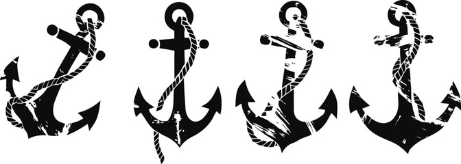 Fototapeta premium Set of four black grunge anchors with ropes wrapped around nautical marine sea symbol icons