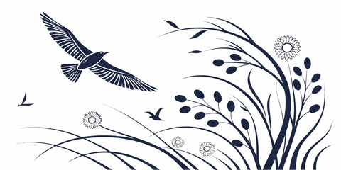 Fototapeta premium A graceful bat soaring above a field of delicate flowers and plants