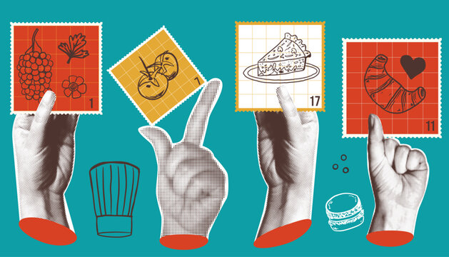 Set of retro collage elements and postage stamps with food elements, croissant, tomato, pie and grape for chef menu and bakery poster design.
