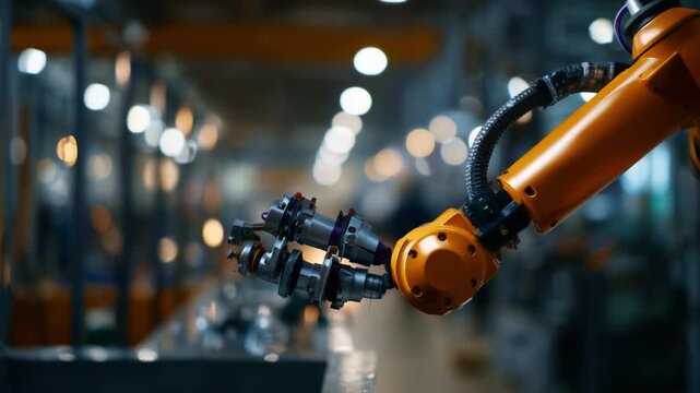 Advanced Robotic Arm Performing Precision Tasks in a Modern Factory Environment, Showcasing Automation and Efficiency in Industrial Manufacturing Processes.