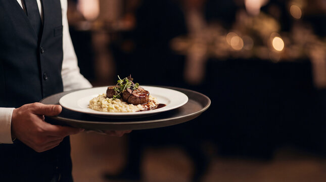 Prato sofisticado servido em evento elegante alta gastronomia servi&ccedil;o de luxo restaurante fino
