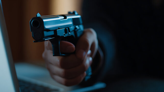 Serious Person Grip Handgun Near Laptop Screen for Threatening Act, Crime, Security, or Self-Defense Concept