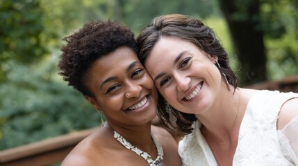 Smiling multiethnic lesbian couple posing the day of their wedding 