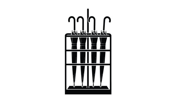 Silhouette of a black umbrella stand with multiple umbrellas on a white background