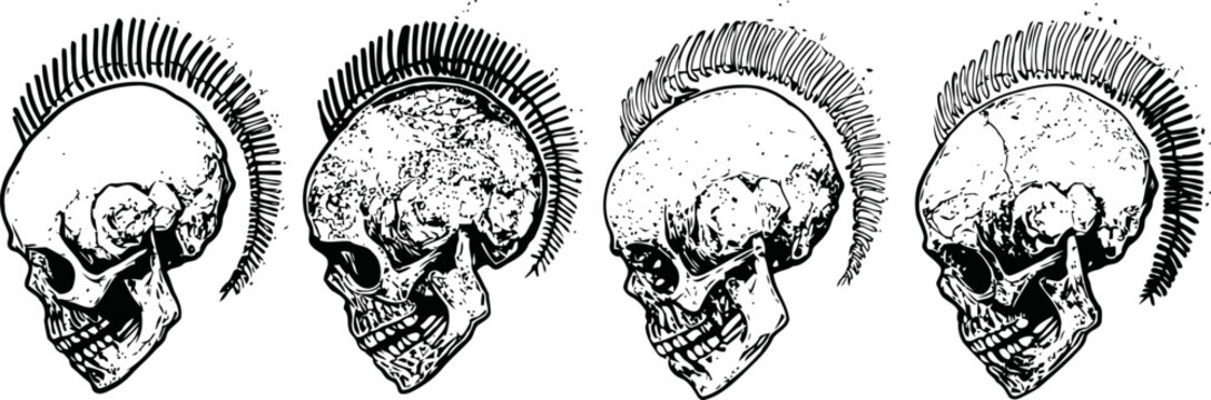 set of punk skulls with mohawk hairstyles in black and white vintage