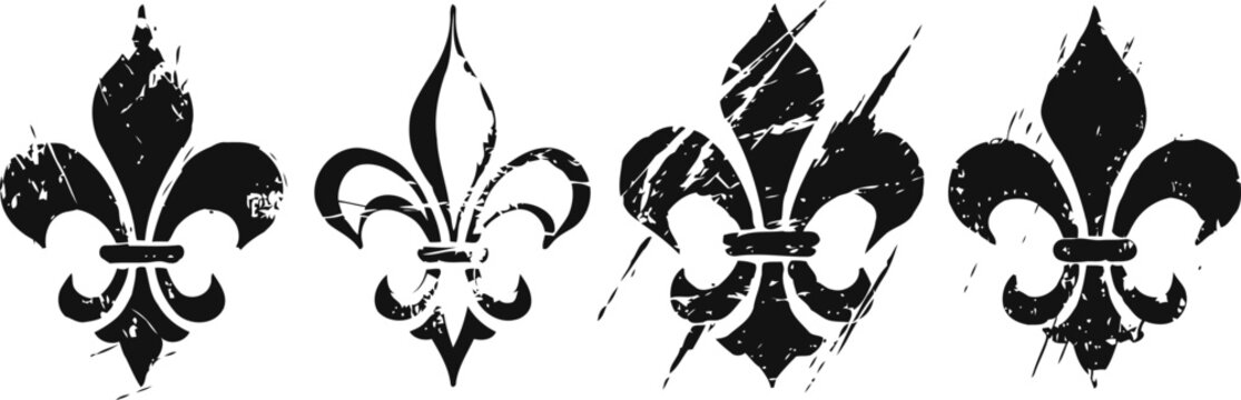 Four distressed fleur de lis symbols in black and white with grunge texture and variation in