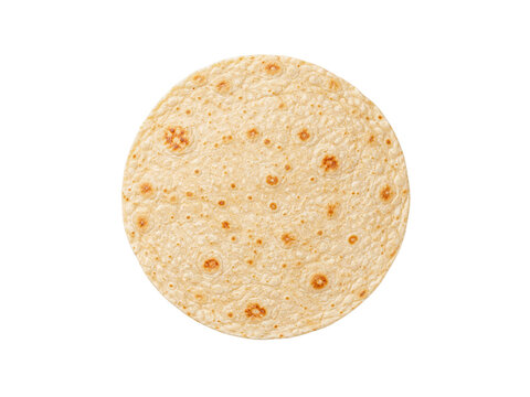 Top view round flour tortilla flatbread isolated on white background.