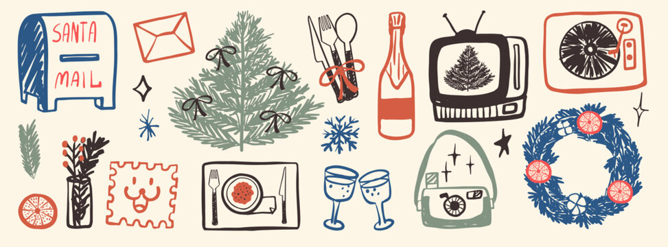Set of hand drawn retro style Christmas doodles with pine tree, vintage television, record player, Santa mailbox and festive wreath.Holiday vector elements