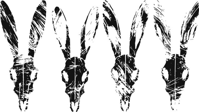Four grunge rabbit skull illustrations with long ears in black and white