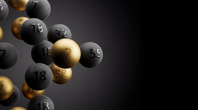 lottery balls black gold matte winner numbers jackpot gambling draw dark background one prominent golden ball for premium casino elegant luxury design banner