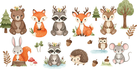 Fototapeta premium Whimsical forest animals and trees in a watercolor woodland scene with various creatures and plants
