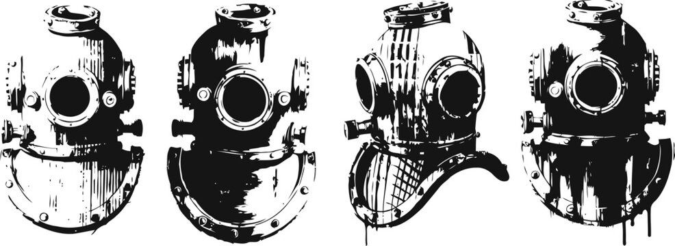 Vintage deep sea diving helmet illustration antique diver equipment with round glass and metal valves classic underwater exploration gear