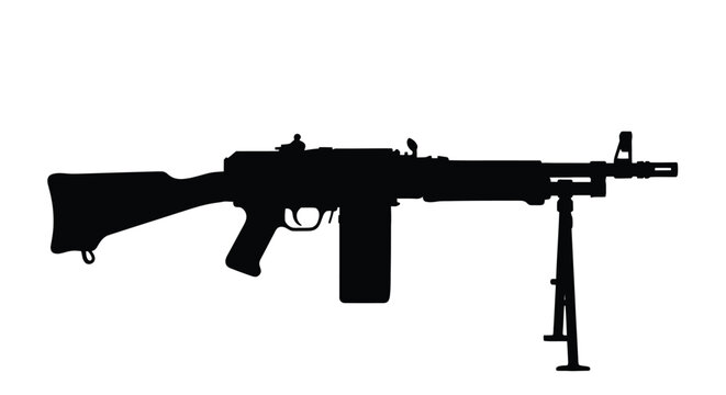 Silhouette of a machine gun with bipod depicted in stark contrast