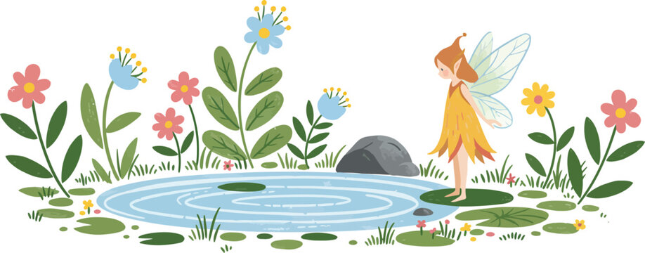 Whimsical illustration of a fairy standing by a serene pond surrounded by vibrant flowers and lush greenery in a magical setting
