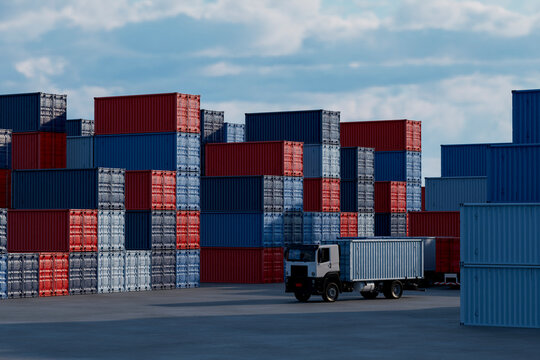 3D shipping container fleet moving through industrial yard