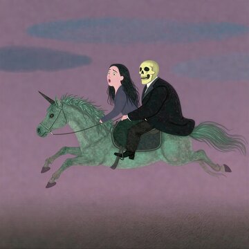 Una mujer aterrorizada cabalga un unicornio verde mientras un esqueleto con traje la observa con calma.
