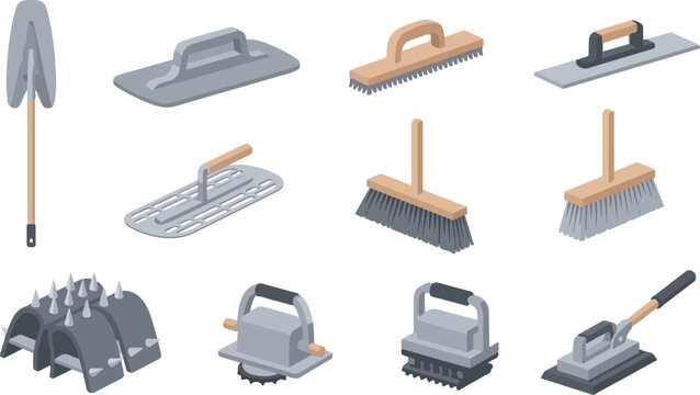 Concrete finishing tools set with plastering trowels floats floor brooms and spiked shoes for professional construction.