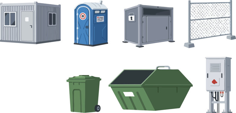 Construction site facilities including portable toilet and container and waste dumpsters for industrial project logistics.
