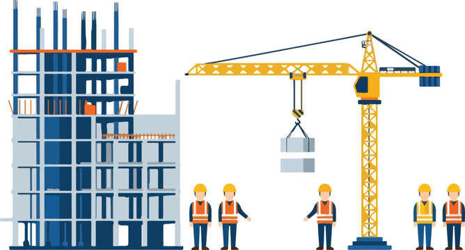 Illustration of building under construction with crane lifting materials and several construction workers standing by.