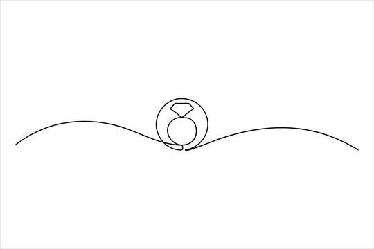 Continuous one-line drawing of a diamond wedding ring inside a circular badge. Minimalist jewelry icon for elegant wedding logos and branding.