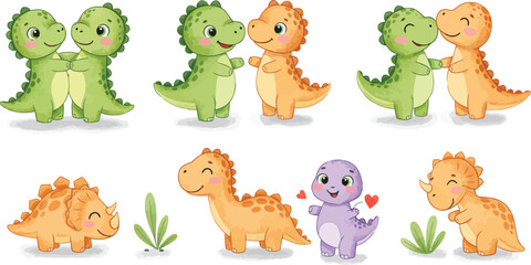 Fototapeta premium Colorful cartoon dinosaurs in various poses and emotions on white background