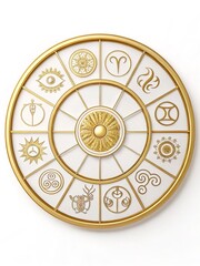 Obraz premium Zodiac wheel with golden symbols on white background