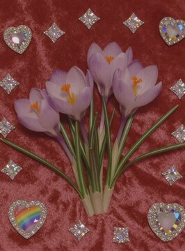 Un ramo de crocos flores silvestres sobre un fondo de terciopelo rojo adornado con corazones brillantes.