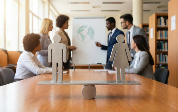 Metallic male and female figures stand balanced on a scale atop a conference table. In the background, a diverse team of business professionals discussing and arguing. Gender equality concept