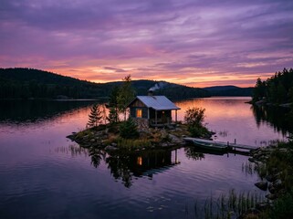 Fototapeta premium Serene sunset at rustic island cabin lake reflection peaceful wilderness retreat