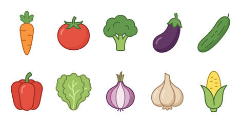 Fototapeta premium Fresh colorful vegetables collection in a simple flat design style perfect for healthy eating, cooking, and grocery store concepts.
