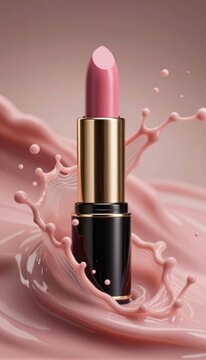 Un labial rosa emerge de una ola de color pastel, simbolizando la frescura y la vitalidad.