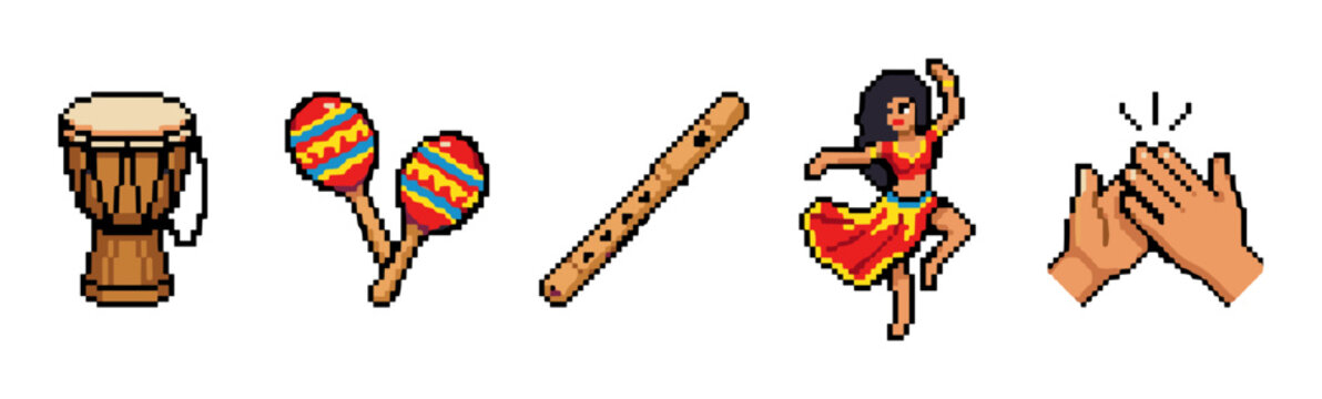 Musical instruments and dancing woman pixel art collection featuring a djembe drum, maracas, flute, and clapping hands for retro game design.
