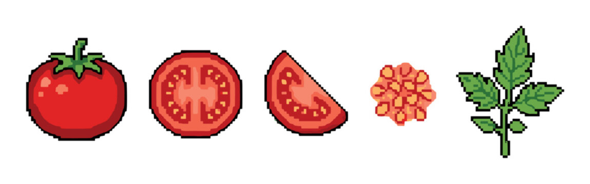 Pixel art tomatoes and their components, including a whole fruit, a half, a slice, seeds, and a green leaf, presented in a vibrant retro 8-bit style.