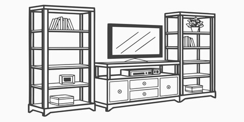 Modern entertainment center with television and bookshelves © AC