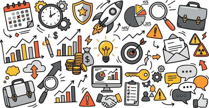 Hand drawn business and finance doodle vector illustration with analytics charts, growth strategy, startup launch, marketing, communication, and productivity icons