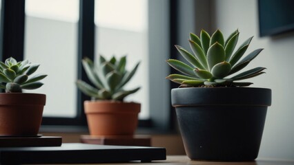 Fototapeta premium Indoor plants on a table near a window with natural light