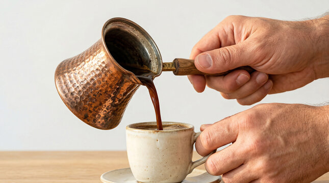 Copper coffee pot pouring hot beverage into white ceramic cup