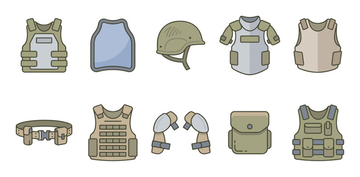 Military tactical protective gear icons set in a flat design style, showcasing various items like bulletproof vests, helmets, and armor plates.