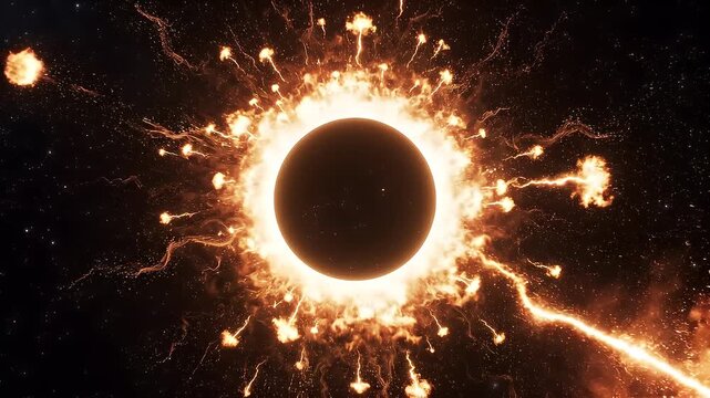 Abstract solar eclipse caused by a Lunar event with ring of fire on black background. Animated abstract view of a total solar eclipse.