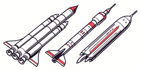 Three distinct rockets standing upright on a launchpad, ready for space exploration. © AC