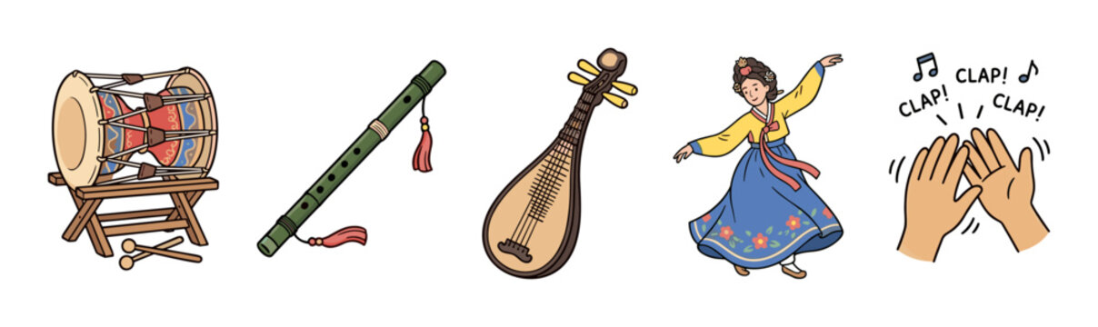 Korean traditional music and dance elements are beautifully illustrated in this vibrant collection, showcasing cultural heritage and celebratory spirit.
