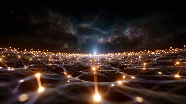 A captivating visualization of an expansive network of glowing lights, interconnecting and spreading across a cosmic landscape filled with beautiful dark skies and stars.