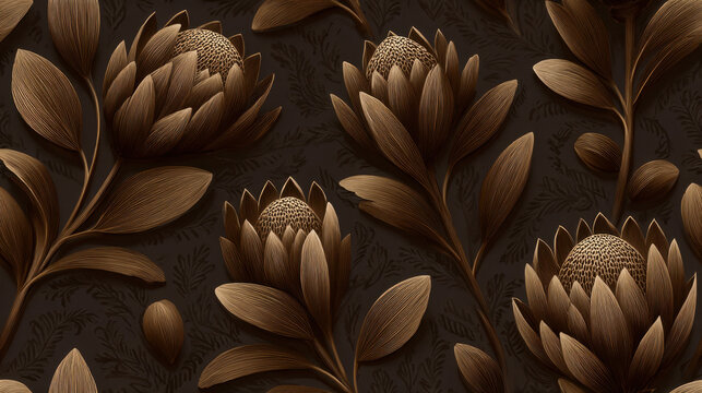Seamless embossed-style pattern of bronze protea flowers and foliage on dark chocolate background